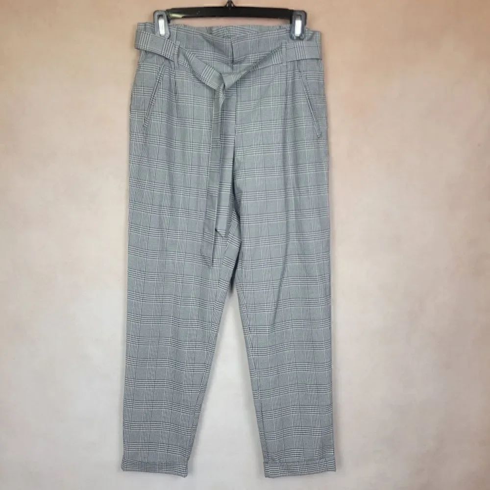 Zara Trafaluc Gray White Plaid Paper Bag Ankle Pants Slacks Front Tie Small